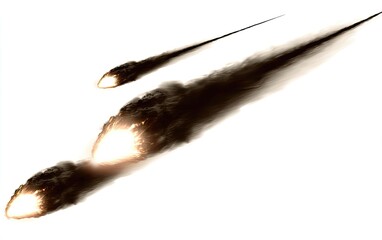 Two fiery meteors streak across a white background, trails of smoke and fire