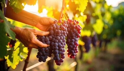 Hands Gently Gathering Grapes in a Vineyard at Sunset