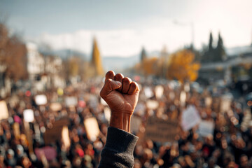 Empowered crowd raising fists in protest, one hand holding a vibrant green leaf symbolizing environmental activism and a sustainable future