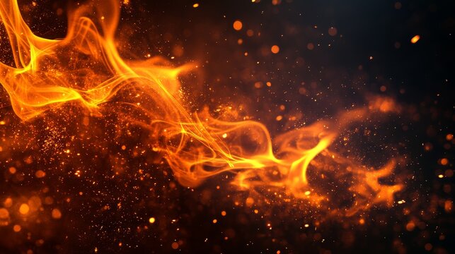Ethereal orange flame elements with translucent qualities capturing light diffusion through fire, vivid sparks scattered throughout against dark background showing transparency effects