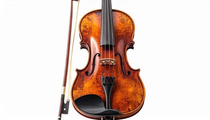 Fototapeta premium Isolated violin and bow with rich reddish-brown varnish and detailed wood grain on white background