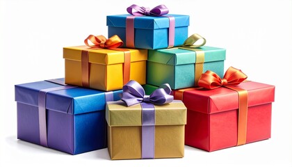 Obraz premium Stacked colorful gift boxes with ribbons and bows on white background,
