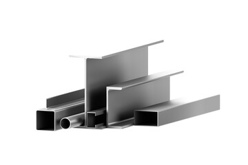 3D render of steel profiles set including H beam C channel square tube rectangular tube and round pipe for construction structure and engineering design