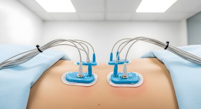 Patient with ecg electrodes attached to the abdomen in a bright medical examination room setting