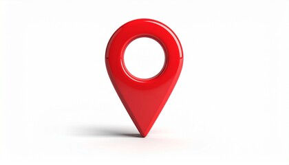 Isolated red map pin icon with glossy finish and central hole on white background