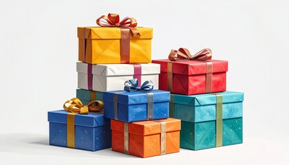 Stacked colorful gift boxes with ribbons and bows on white background,