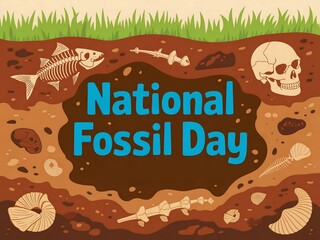 National fossil day illustration with fish and skull fossils in the ground