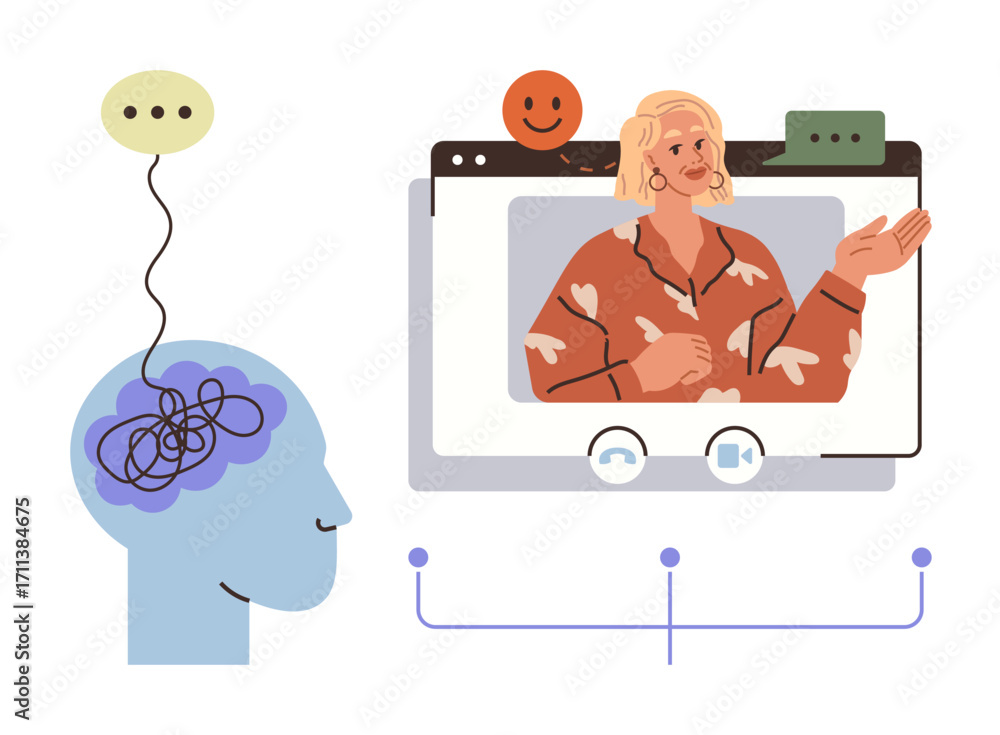 Poster human brain with tangled thoughts connected to a therapist on a video call interface. ideal for ment