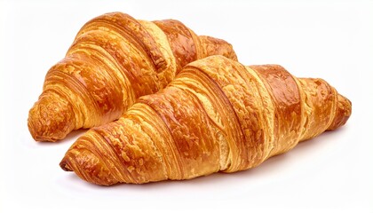 Two golden-brown croissants with flaky layers and glossy surface on white background