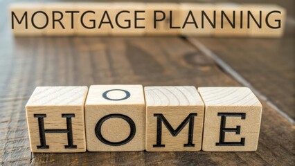 Engaging Wooden Blocks with Words Mortgage Planning and Home on Rustic Background for Real Estate and Finance Concepts