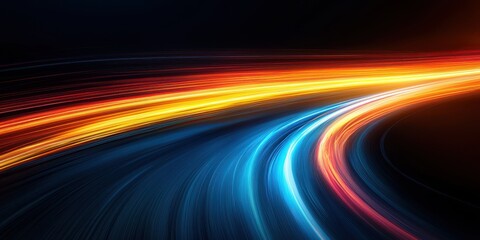 A vibrant display of colorful light trails, creating a dynamic sense of movement against a dark background, reminiscent of fast-moving vehicles.