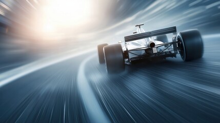 A sleek race car speeds around a curve, with blurred motion effects emphasizing high speed and dynamic movement.