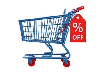 Blue shopping cart with red discount tag isolated on transparent background