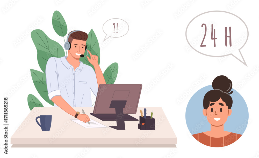 Aufkleber customer service representative wearing a headset assists client via computer. speech bubbles signif