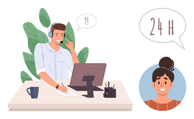 Customer service representative wearing a headset assists client via computer. Speech bubbles signify inquiry and 24-hour availability. Ideal for communication, teamwork, support, inquiry, response