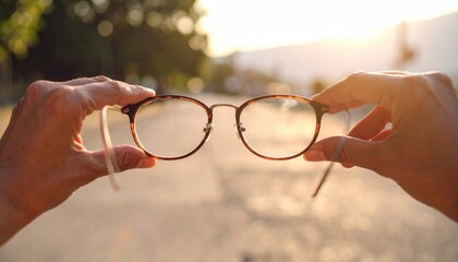 Hands holding eyeglasses outdoors, golden hour sunlight