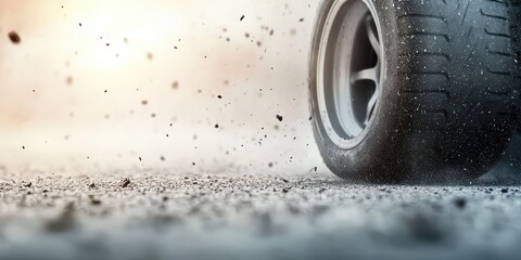 A close-up of a tire on a dirt road, spinning rapidly and kicking up dust and debris, emphasizing speed and motion.