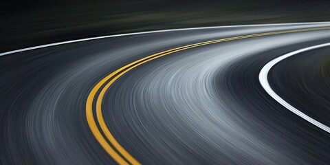 A winding road with smooth asphalt, highlighted by yellow and white stripes, creates a sense of motion and journey through a blurred landscape.