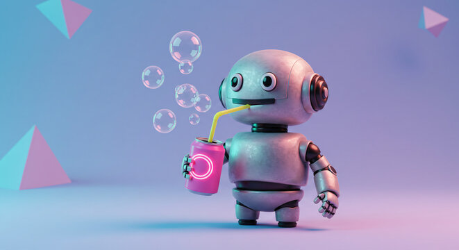 A 3D rendered robot sips a drink and blows bubbles, set against a vibrant futuristic background with geometric shapes, depicting playful technology and modern leisure