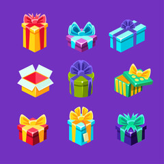 gift boxes with without present inside decorative-wrapped cardboard collection