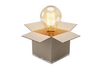Glowing light bulb emerging from an open cardboard box isolated on transparent background
