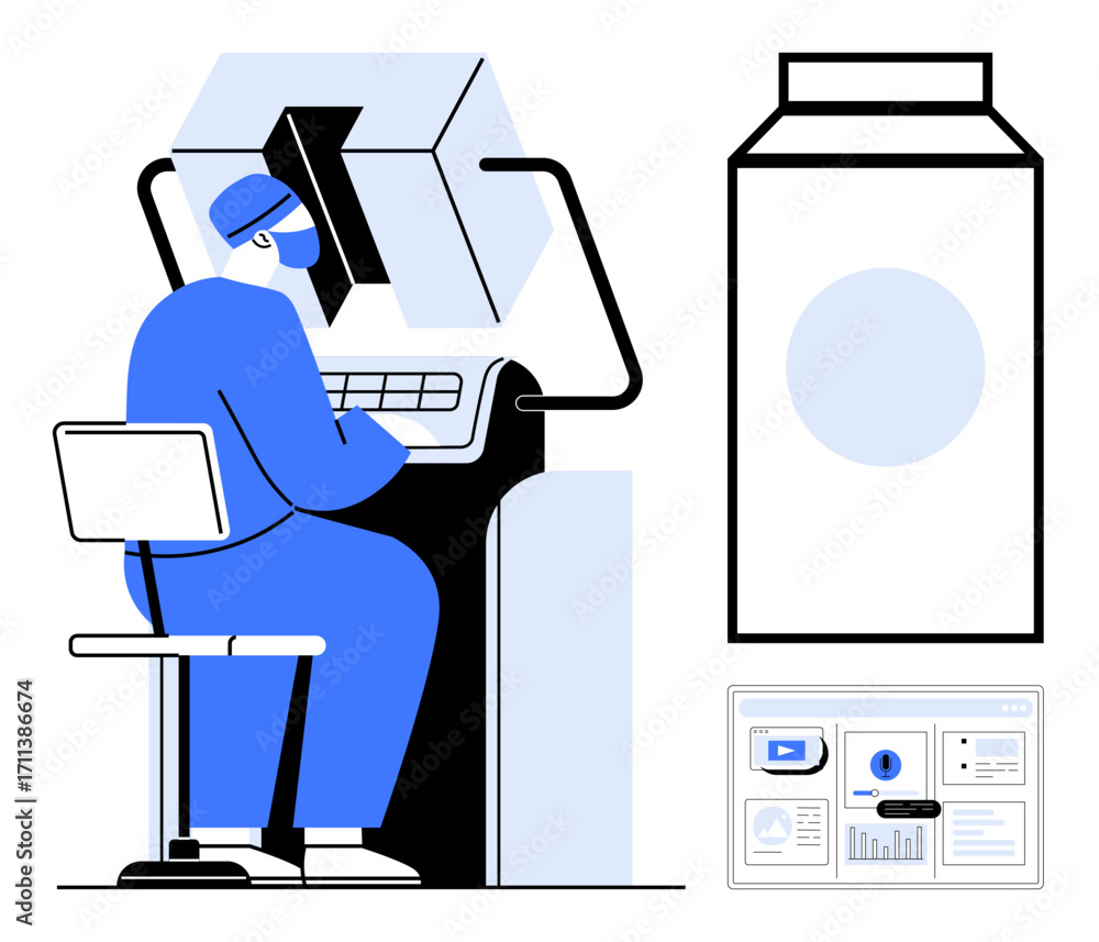 Poster technician using advanced lab machine and digital tools analyzing materials. ideal for technology, i