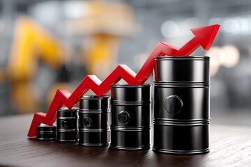 Ascending oil barrel prices with red arrow graph on wooden surface