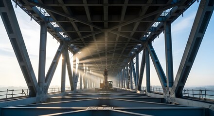 Naklejka premium Sunlight shining through the steel beams of a bridge with construction vehicle in the distance ahead view