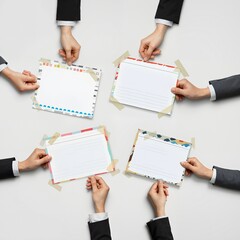 Obraz premium Business team holding blank colorful notecards for mockup