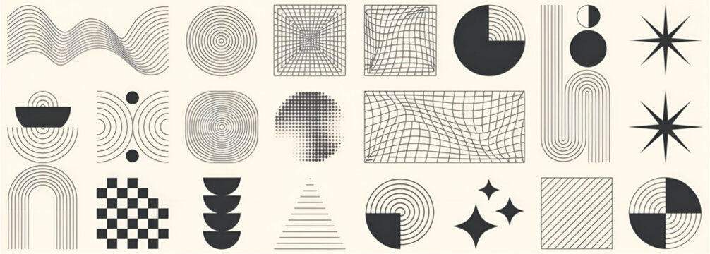 Dynamic collection of abstract geometric shapes, patterns, and minimalist design elements. Ideal for contemporary graphic projects, visual concepts, backgrounds, and creative branding