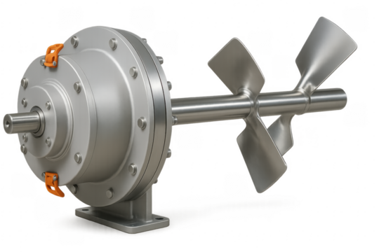 Industrial agitator with motor and propeller mixing liquids on transparent background