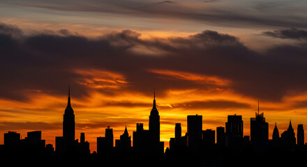 Fototapeta premium Dramatic silhouette of a city skyline against a vibrant orange and yellow sunset sky with dark clouds.