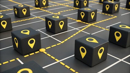 Black Cubes with Yellow Location Pins on Grid Map – Conceptual Image Representing Geolocation Services, Urban Navigation, Smart City Infrastructure, Data Mapping, and Spatial Connectivity