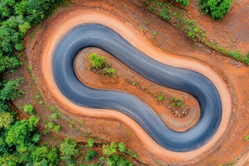 Aerial view of a winding road through lush greenery, showcasing curves and natural surroundings in a vibrant landscape.