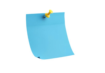 Blue sticky note pinned with a yellow thumbtack isolated on transparent background
