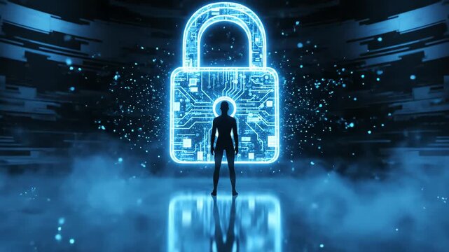 Silhouette of a guardian standing before a glowing blue padlock with circuit board details in a futuristic dark room with a misty atmosphere.