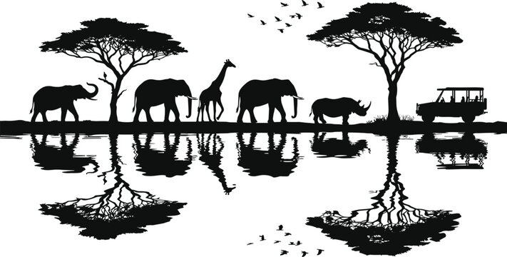 Silhouette of African safari scene with elephants, giraffe, rhino, acacia trees, and safari vehicle reflected in water.