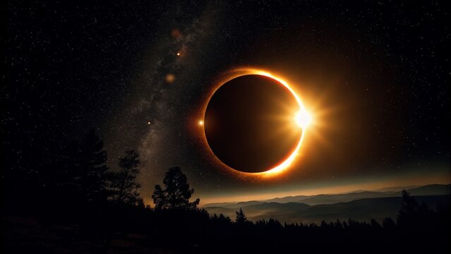 
This AI-generated image presents a total solar eclipse where the Moon perfectly blocks the Sun, creating a dramatic visual.