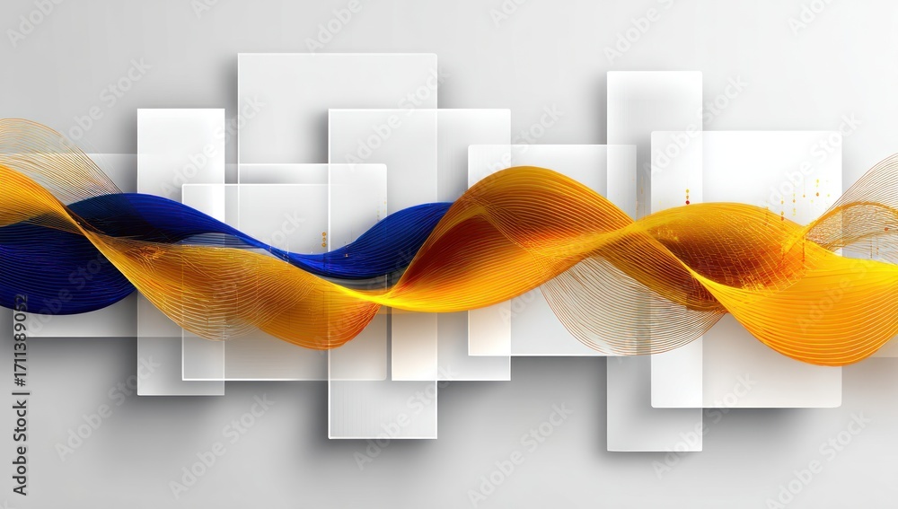 Poster dynamic abstract design with flowing lines of vibrant gold and blue, set against a backdrop of layer