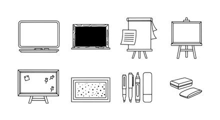 Collection of school and office supplies for presentations and writing