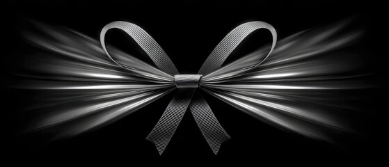 Elegant grayscale ribbon bow with radiating lines on a black background