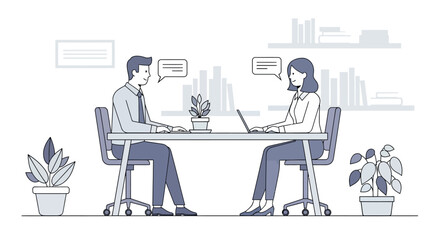 A man and a woman having a business conversation while working on laptops in a modern office illustration.