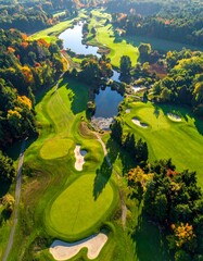 Aerial view of a golf course in autumn