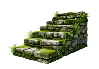 Ancient stone stairs covered in moss and plants isolated on transparent background