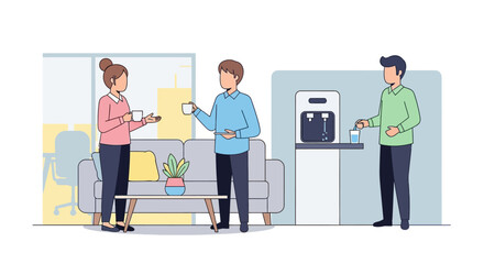 Coworkers enjoying coffee break in office lounge.