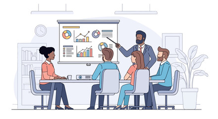 A diverse team of professionals in a business meeting, with a manager presenting data analysis with charts and graphs on a projector screen.