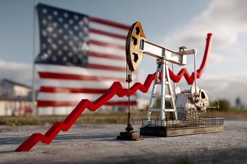 Oil pumpjack with american flag background and rising red arrow symbolizing economic growth