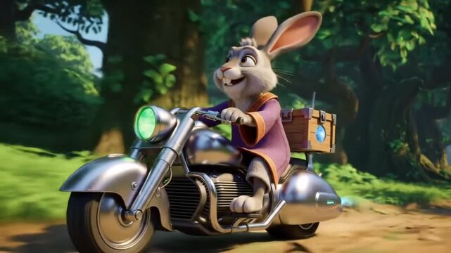3D cartoon illustration of a cheerful rabbit riding a motorcycle through a green forest. Fun and playful artwork suitable for children&rsquo;s stories, fantasy, and adventure themes