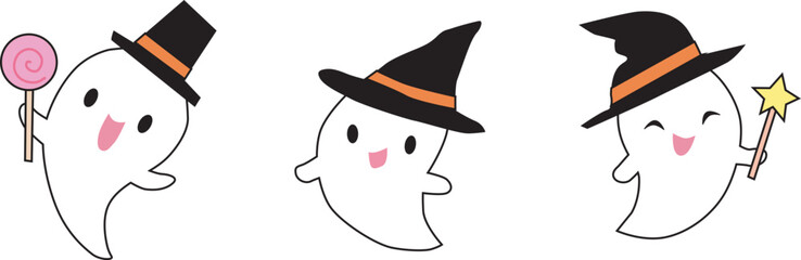 Cute illustration of Halloween ghosts. Black, orange.Vector illustration.