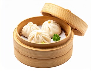 Traditional Chinese dim sum dumplings served in bamboo steamer. Isolated on clean white background.
